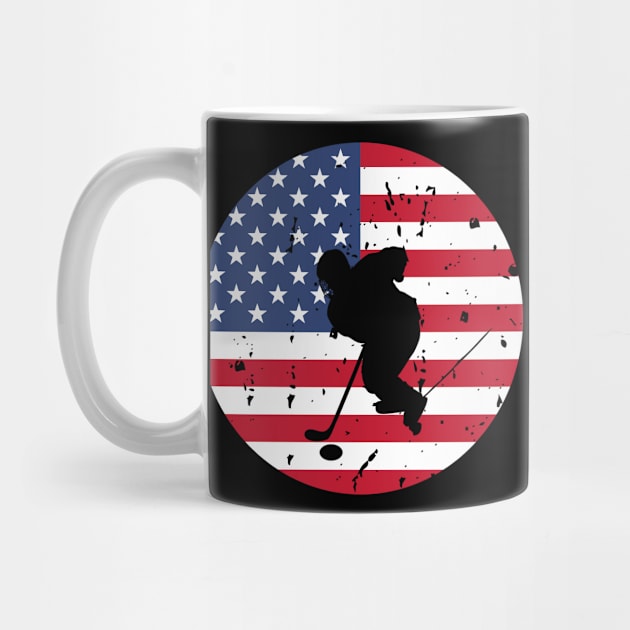 American Flag and Ice Hockey Player Silhouette, A silhouette of an ice hockey player overlaid on a distressed American flag, encapsulating patriotism and sportsmanship. by All About Midnight Co